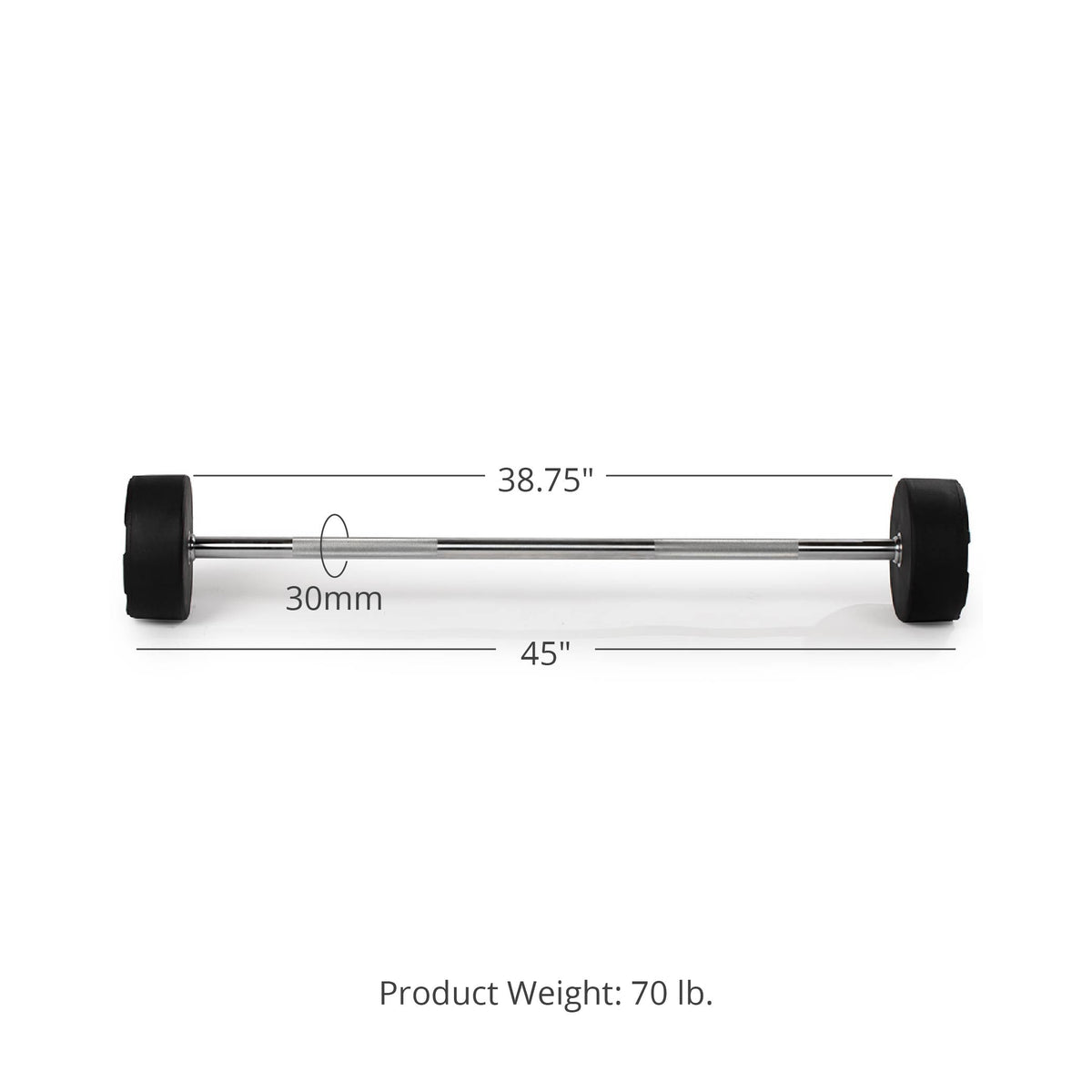 70 LB Straight Fixed Rubber Barbell Detail