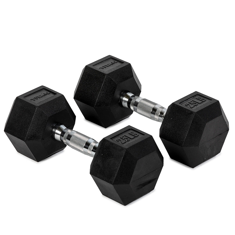 Rubber Hex Dumbbells With Chrome Handle | 25 LB