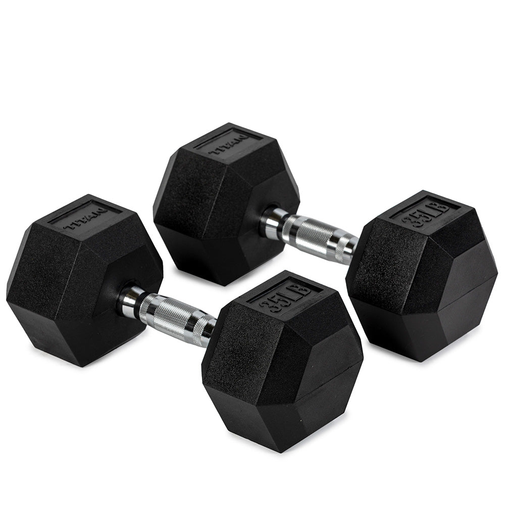 Rubber Hex Dumbbells With Chrome Handle | 35 LB