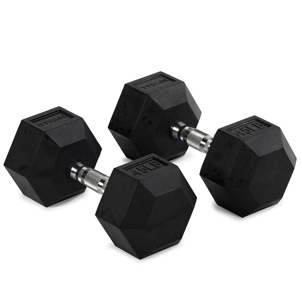 Rubber Hex Dumbbells With Chrome Handle | 45 LB