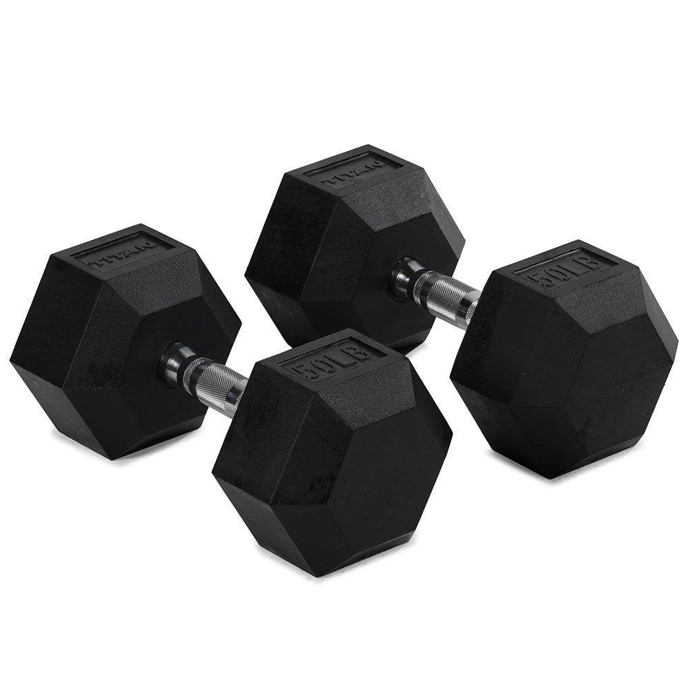 Rubber Hex Dumbbells With Chrome Handle | 50 LB