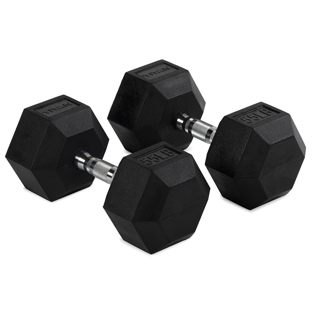 Rubber Hex Dumbbells With Chrome Handle | 55 LB