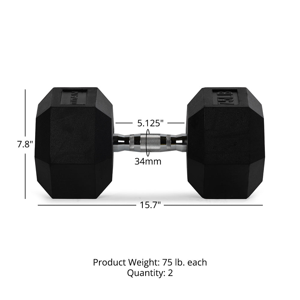 Rubber Hex Dumbbells With Chrome Handle | 75 LB Detail