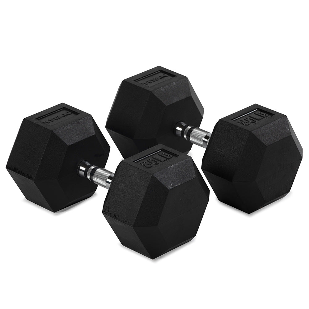 Rubber Hex Dumbbells With Chrome Handle | 80 LB