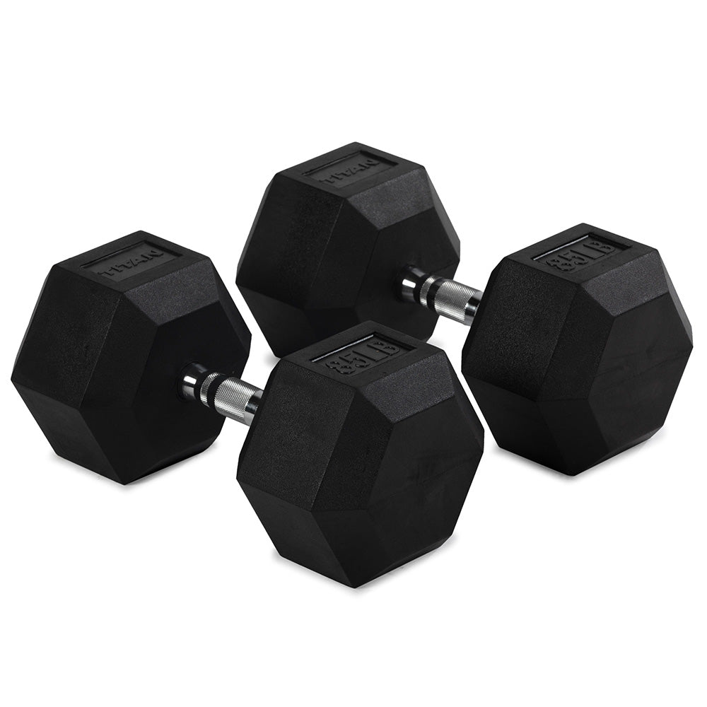 Rubber Hex Dumbbells With Chrome Handle | 85 LB