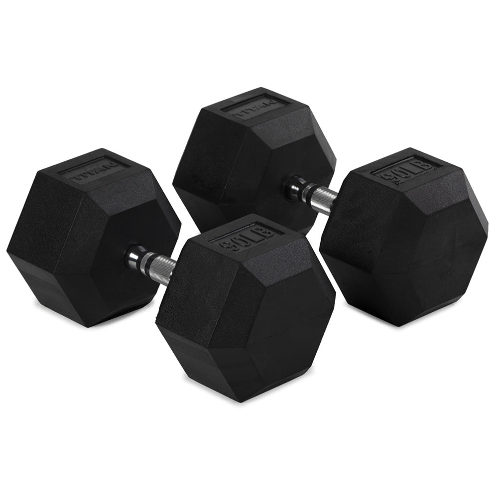 Rubber Hex Dumbbells With Chrome Handle | 90 LB