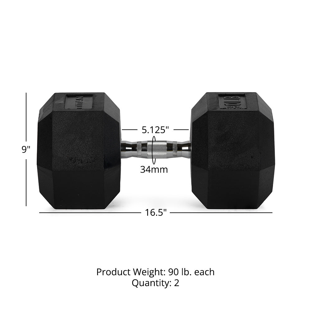 Rubber Hex Dumbbells With Chrome Handle | 90 LB Detail