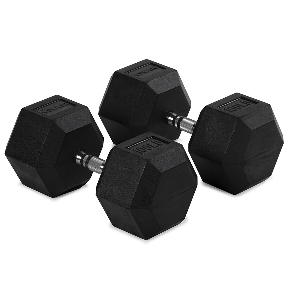 Rubber Hex Dumbbells With Chrome Handle | 100 LB