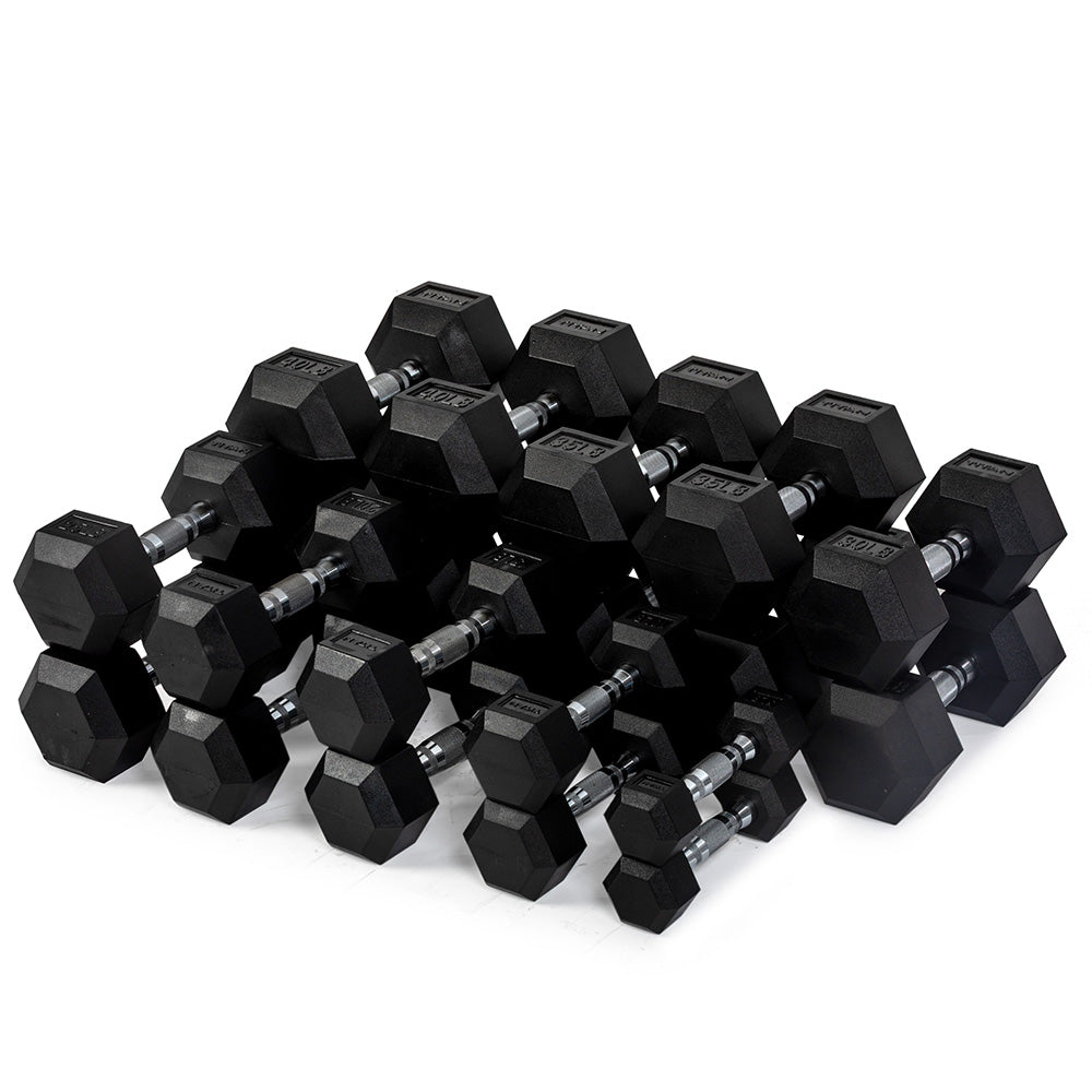 Rubber Hex Dumbbells With Chrome Handle | 5 LB - 50 LB Pairs