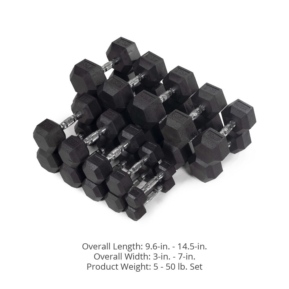 Rubber Hex Dumbbells With Chrome Handle | 5 LB - 50 LB Pairs Detail