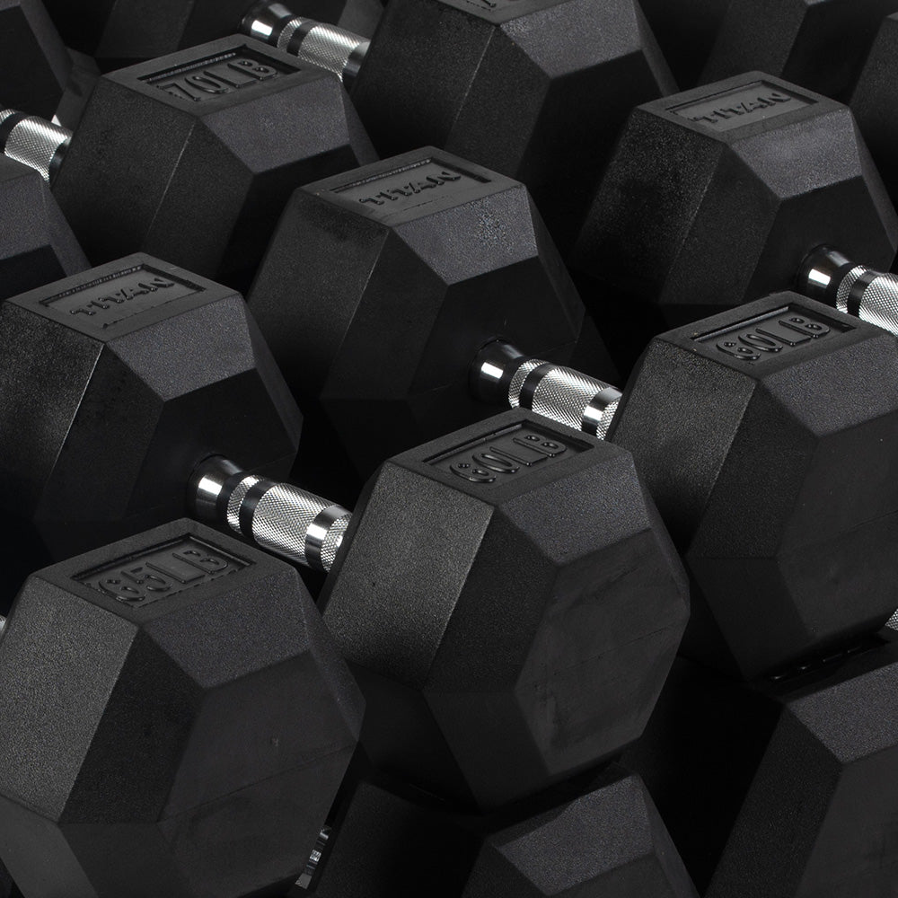 Rubber Hex Dumbbells With Chrome Handle | 7